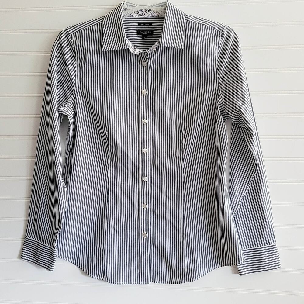 Talbots Petites Top Size 2P Gray White Stripe Preppy Career Stretch Cotton